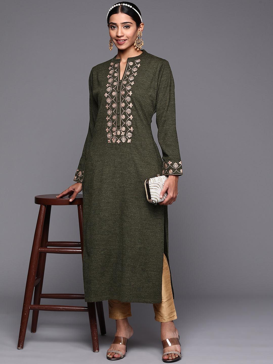 Green Yoke Design Wool Straight Kurta - ShopLibas