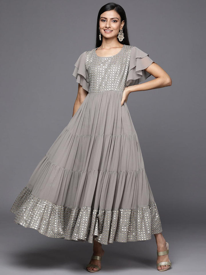 Grey Embellished Georgette Fit and Flare Dress - ShopLibas