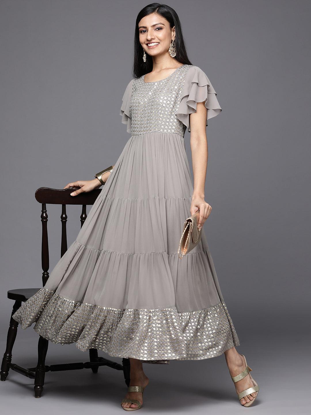 Grey Embellished Georgette Fit and Flare Dress - ShopLibas