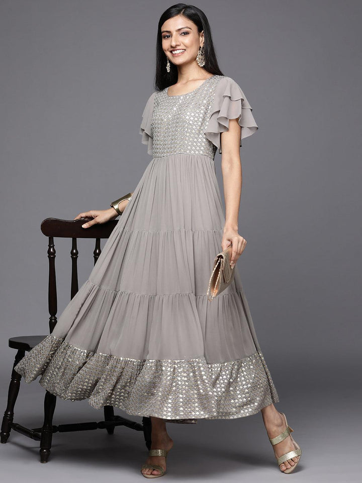 Grey Embellished Georgette Fit and Flare Dress - ShopLibas