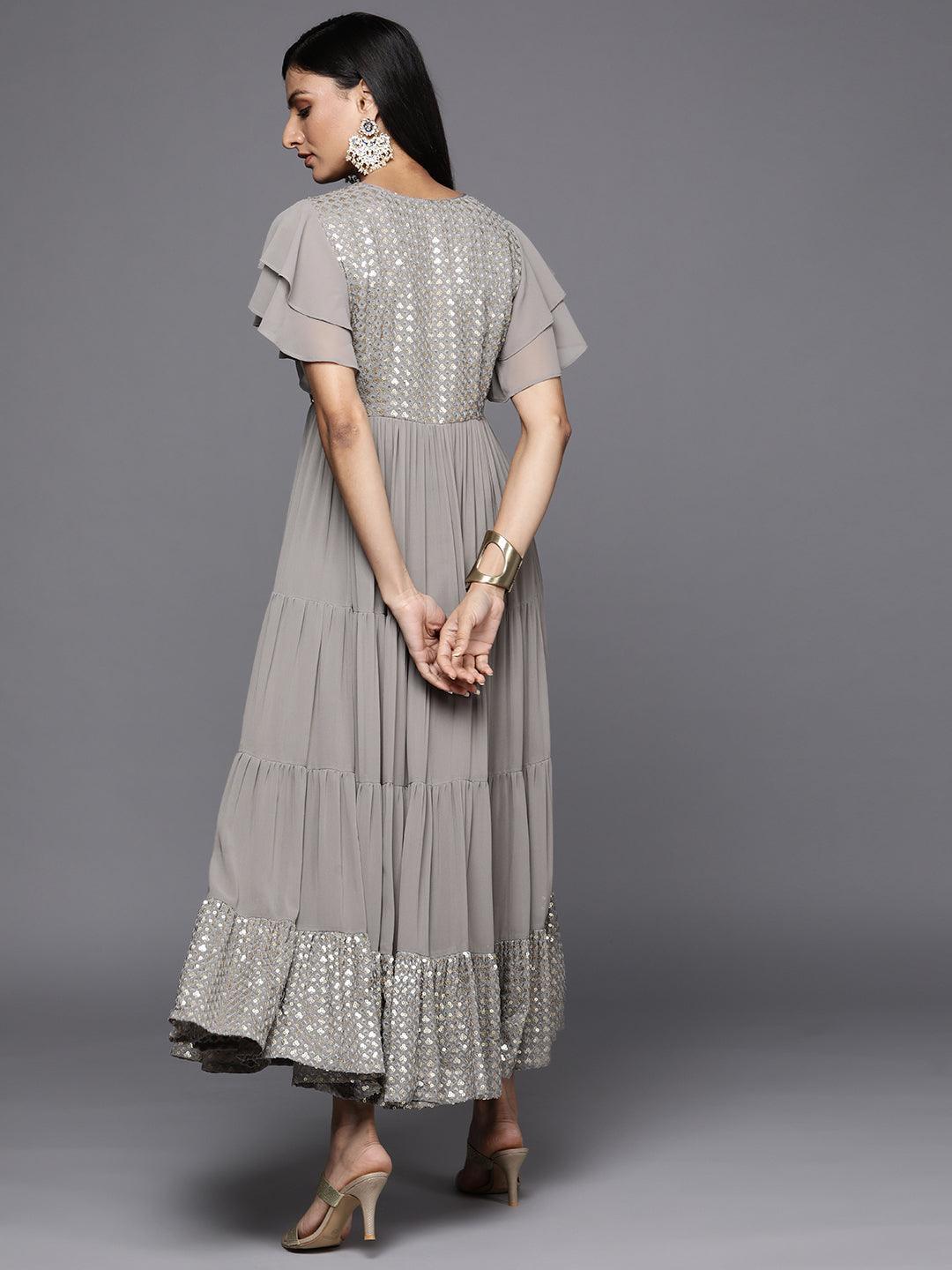 Grey Embellished Georgette Fit and Flare Dress - ShopLibas