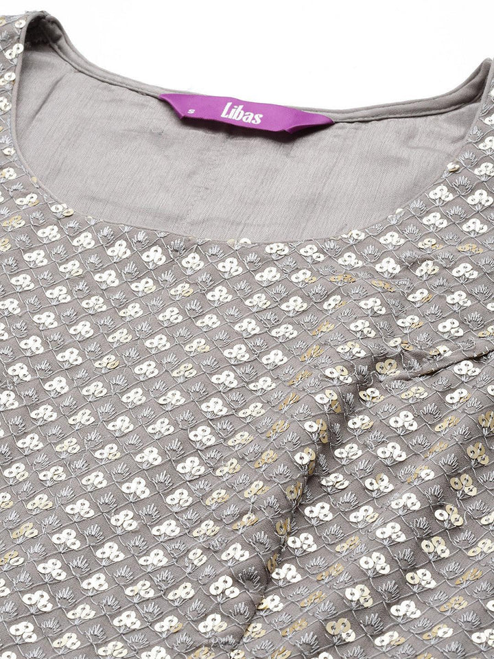 Grey Embellished Georgette Fit and Flare Dress - ShopLibas
