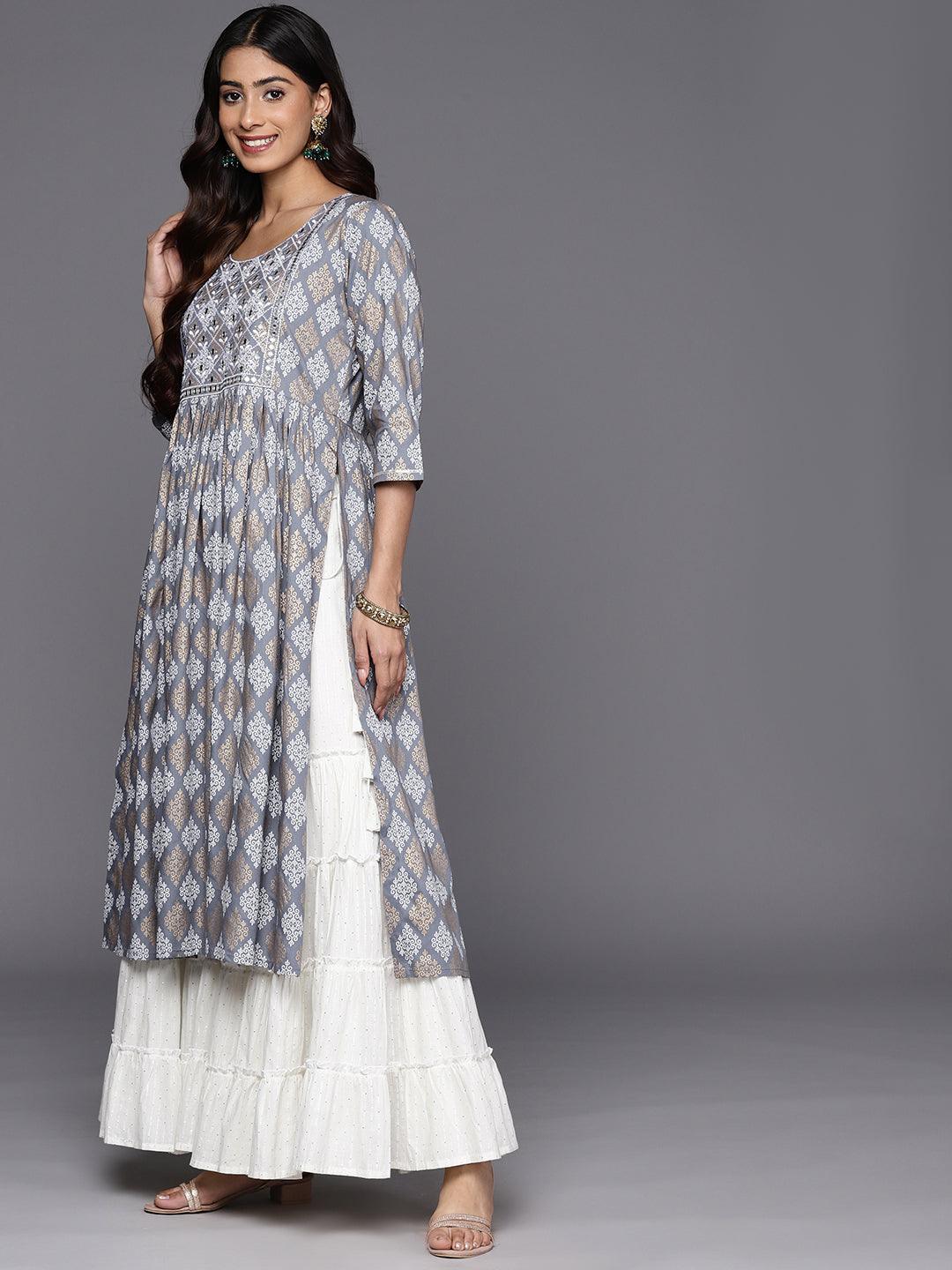 Grey Embellished Rayon A-Line Kurta - ShopLibas