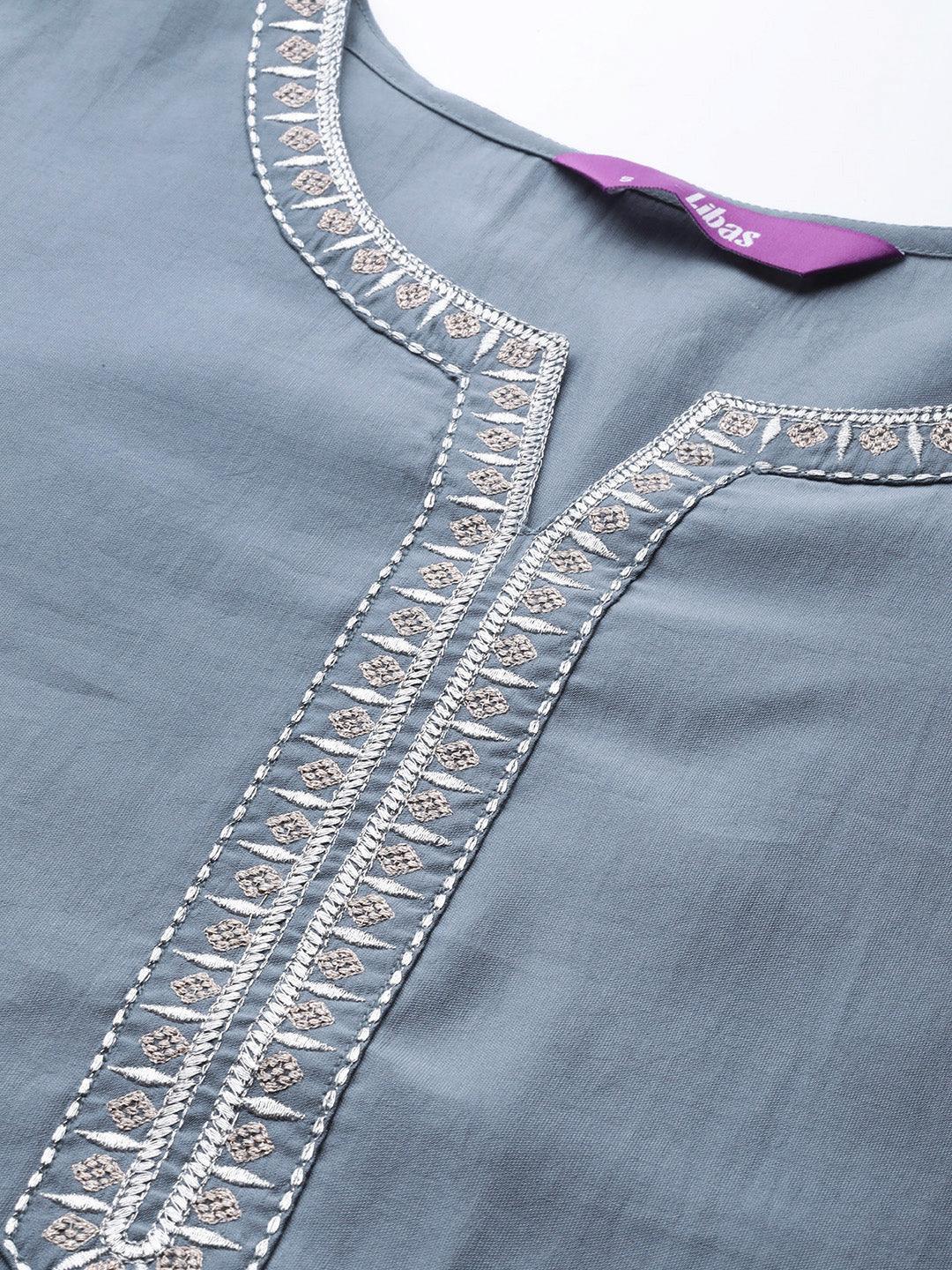 Grey Embroidered Chanderi Silk Kurta - ShopLibas
