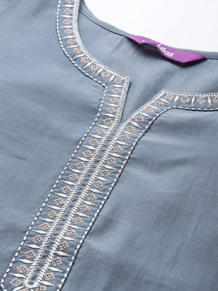 Grey Embroidered Chanderi Silk Kurta - ShopLibas