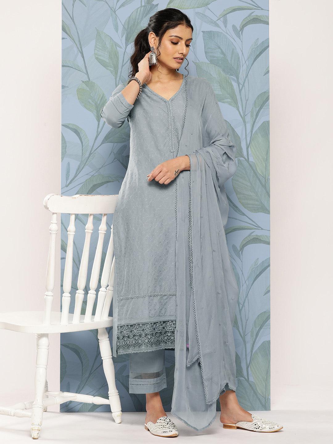 Grey Embroidered Cotton Straight Suit Set With Trousers - Libas 