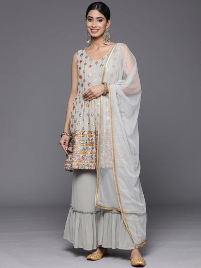 Grey Embroidered Georgette A-Line Suit Set With Palazzos - ShopLibas
