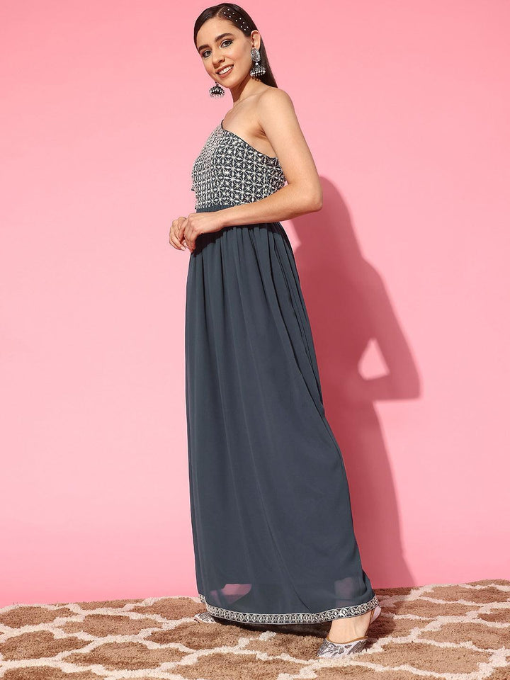 Grey Embroidered Georgette Gown - Libas