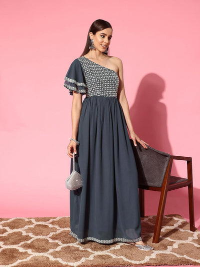 Grey Embroidered Georgette Gown - Libas