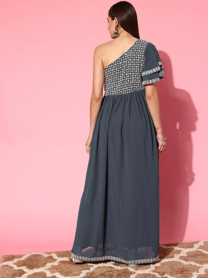 Grey Embroidered Georgette Gown - Libas
