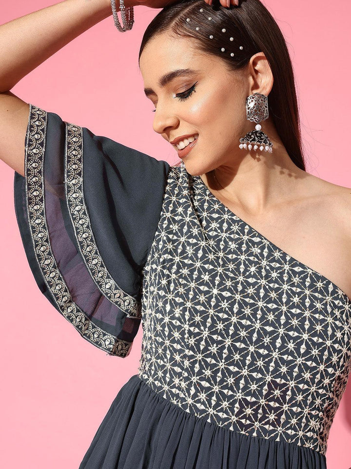 Grey Embroidered Georgette Gown - Libas