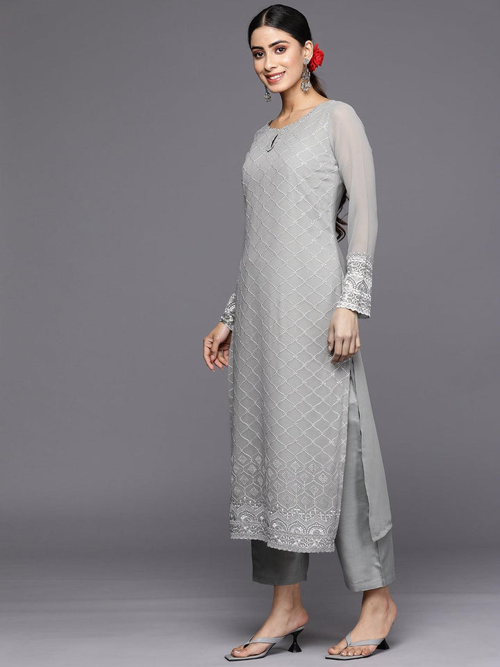 Grey Embroidered Georgette Straight Suit Set With Trousers