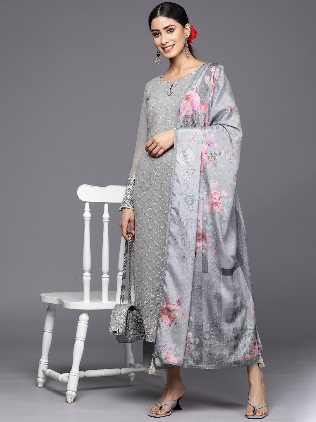Grey Embroidered Georgette Straight Suit Set With Trousers - ShopLibas 