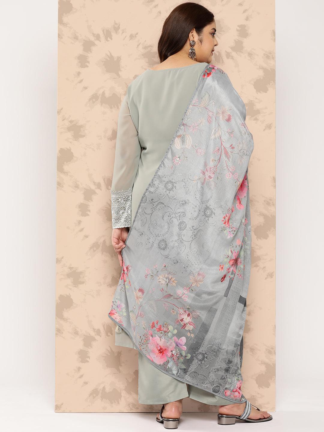Grey Embroidered Georgette Straight Kurta With Trousers and Dupatta - Libas 