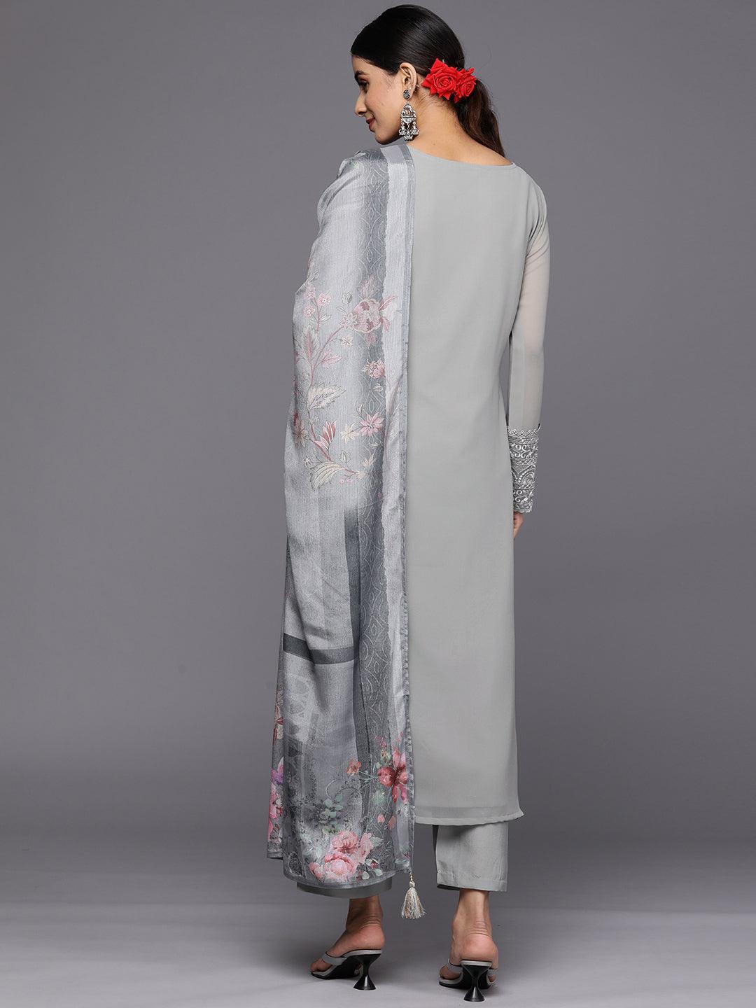 Grey Embroidered Georgette Straight Suit Set With Trousers - ShopLibas 