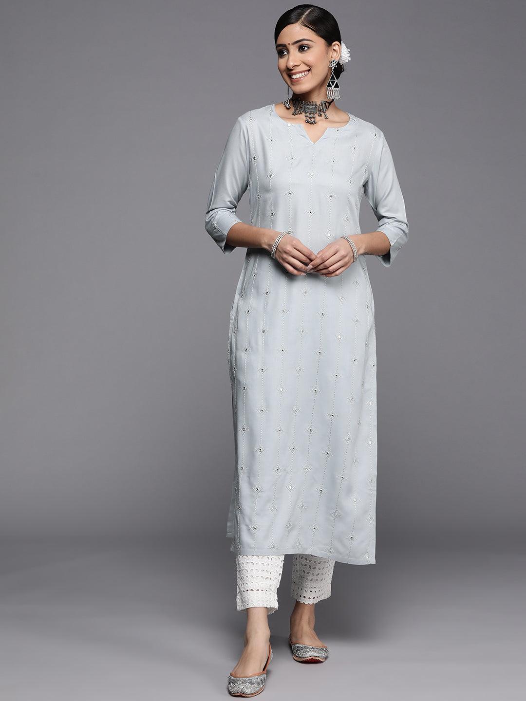 Grey Embroidered Rayon Kurta - ShopLibas