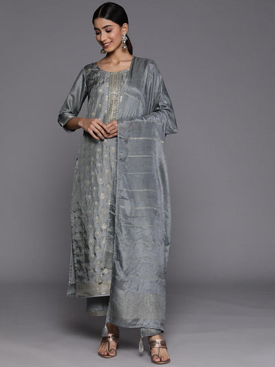 Grey Embroidered Silk Blend Suit Set With Trousers - ShopLibas