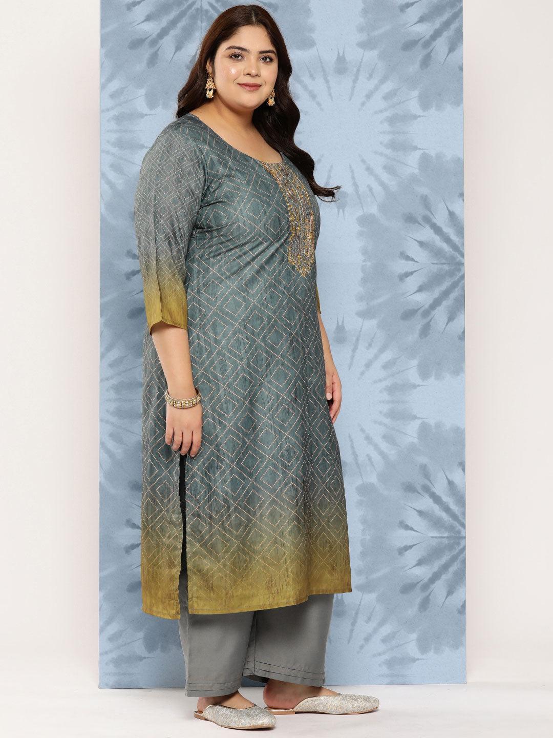 Grey Embroidered Silk Blend Straight Kurta With Trousers and Dupatta - Libas 