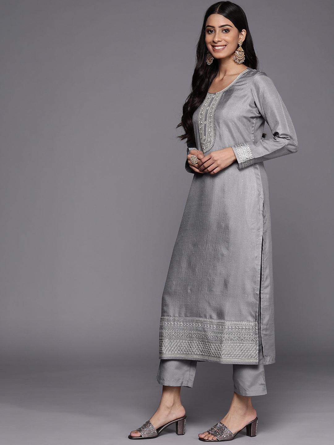 Grey Embroidered Silk Blend Straight Suit Set - ShopLibas 