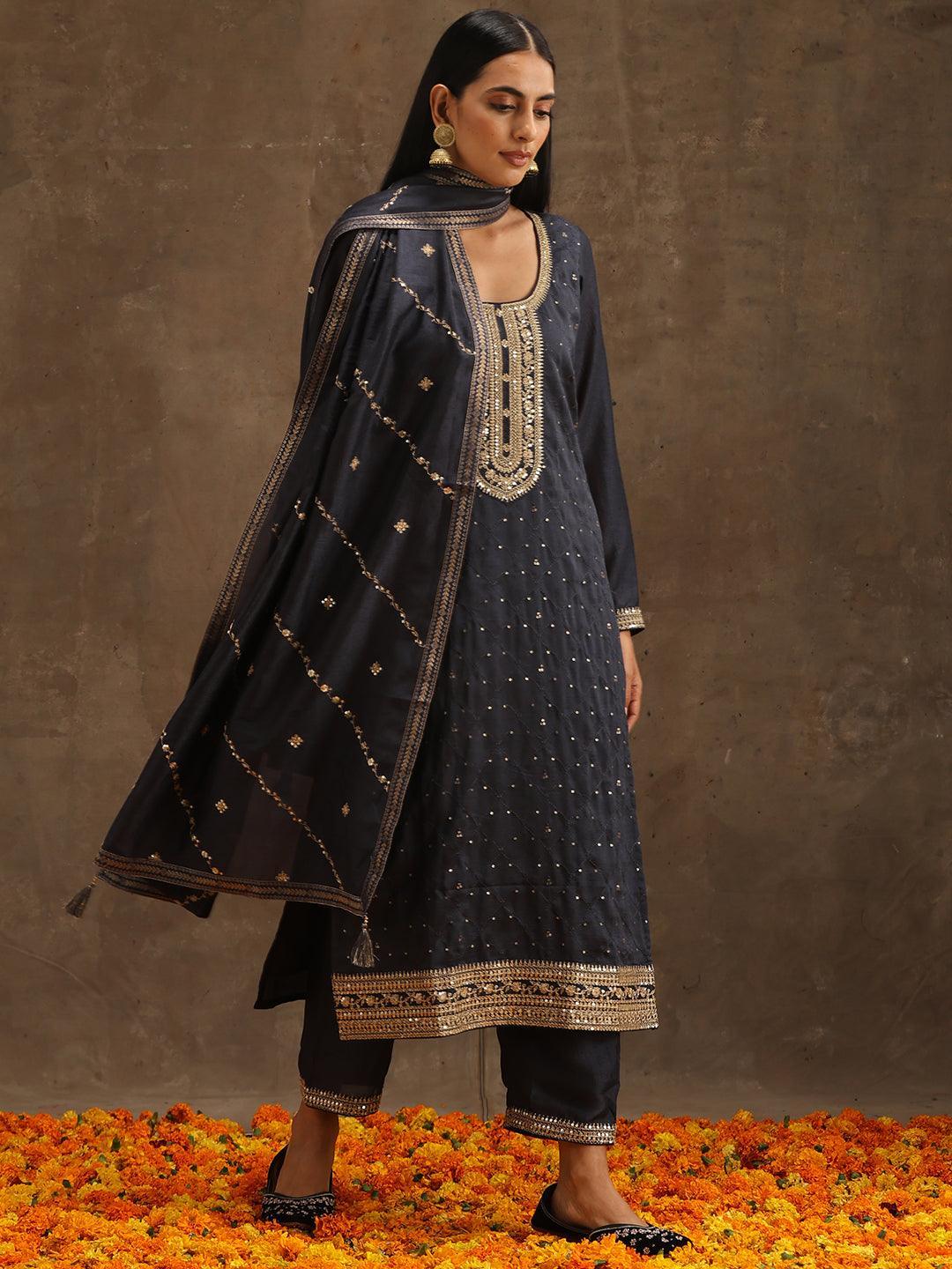Grey Embroidered Silk Blend Suit Set With Trousers - ShopLibas 