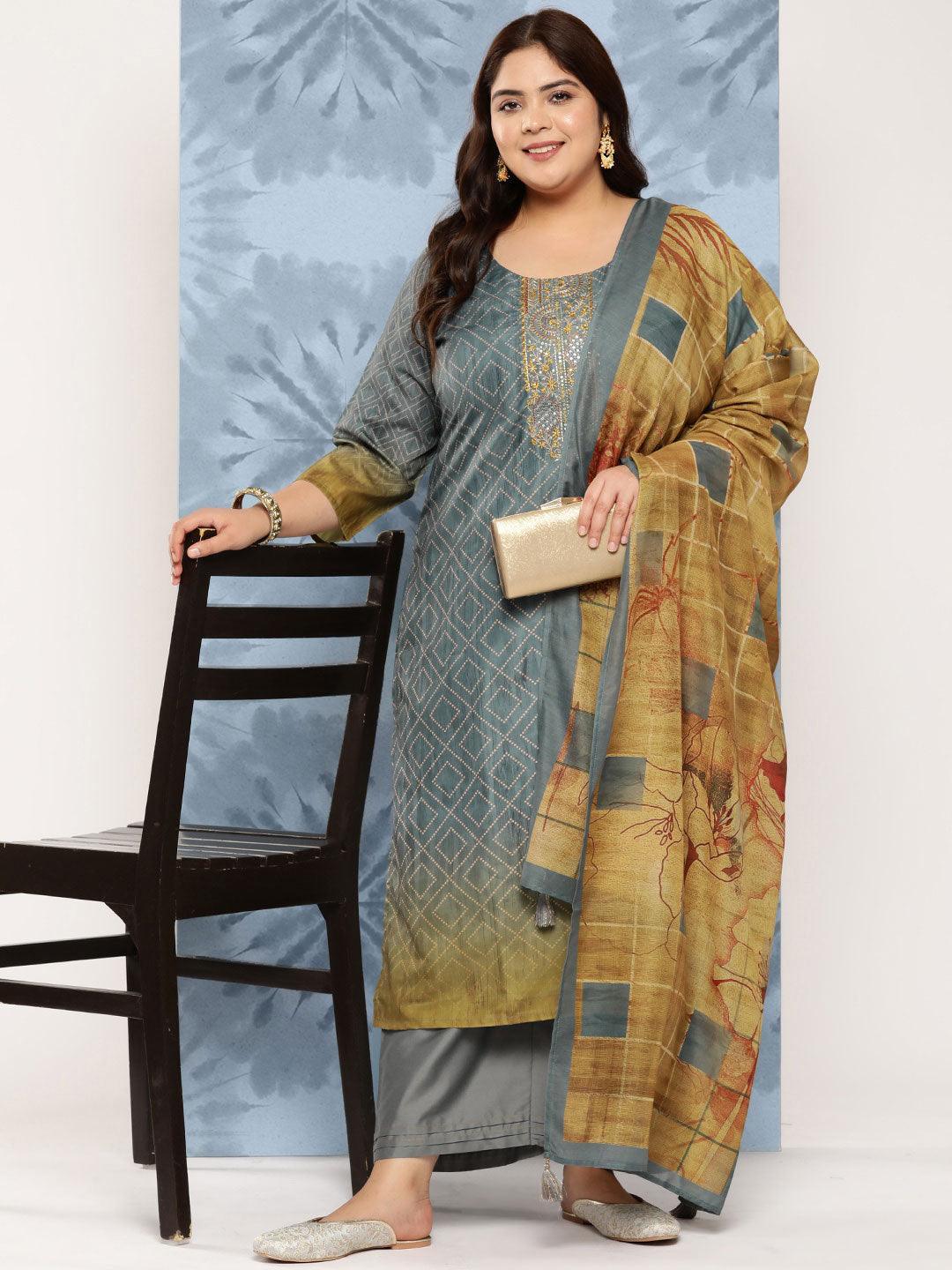 Grey Embroidered Silk Blend Straight Kurta With Trousers and Dupatta - Libas 