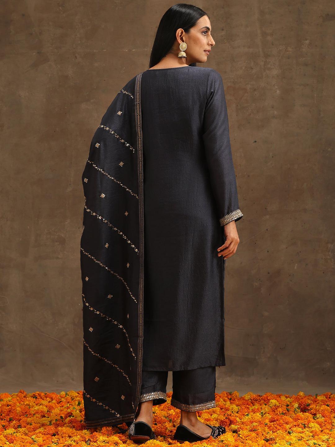 Grey Embroidered Silk Blend Suit Set With Trousers - ShopLibas 