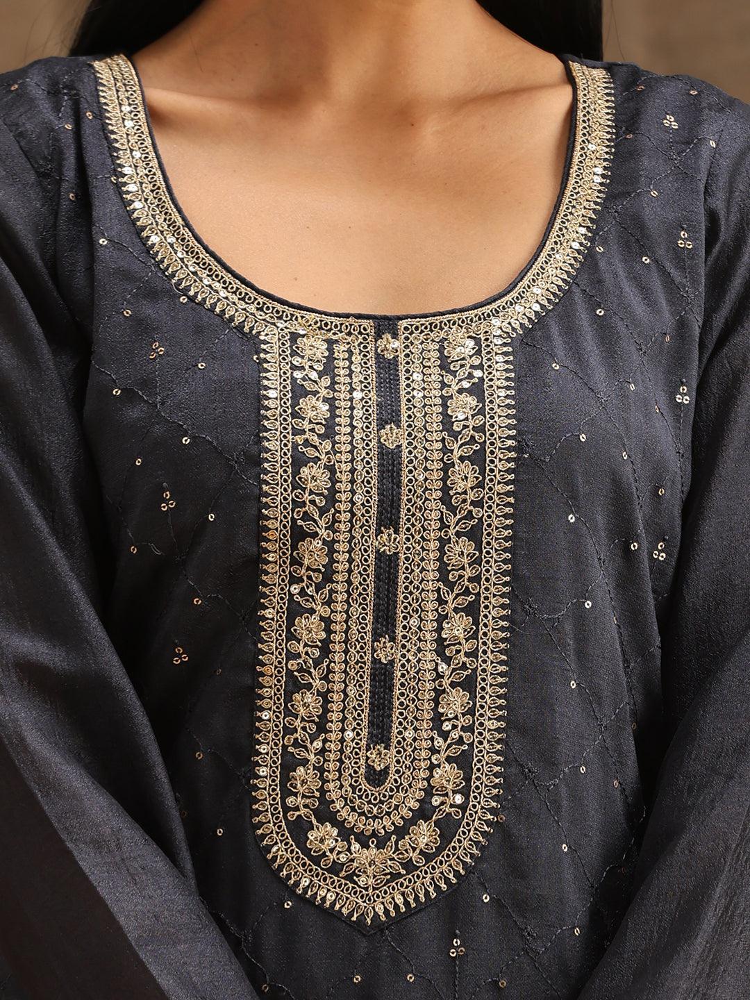 Grey Embroidered Silk Blend Suit Set With Trousers - ShopLibas 