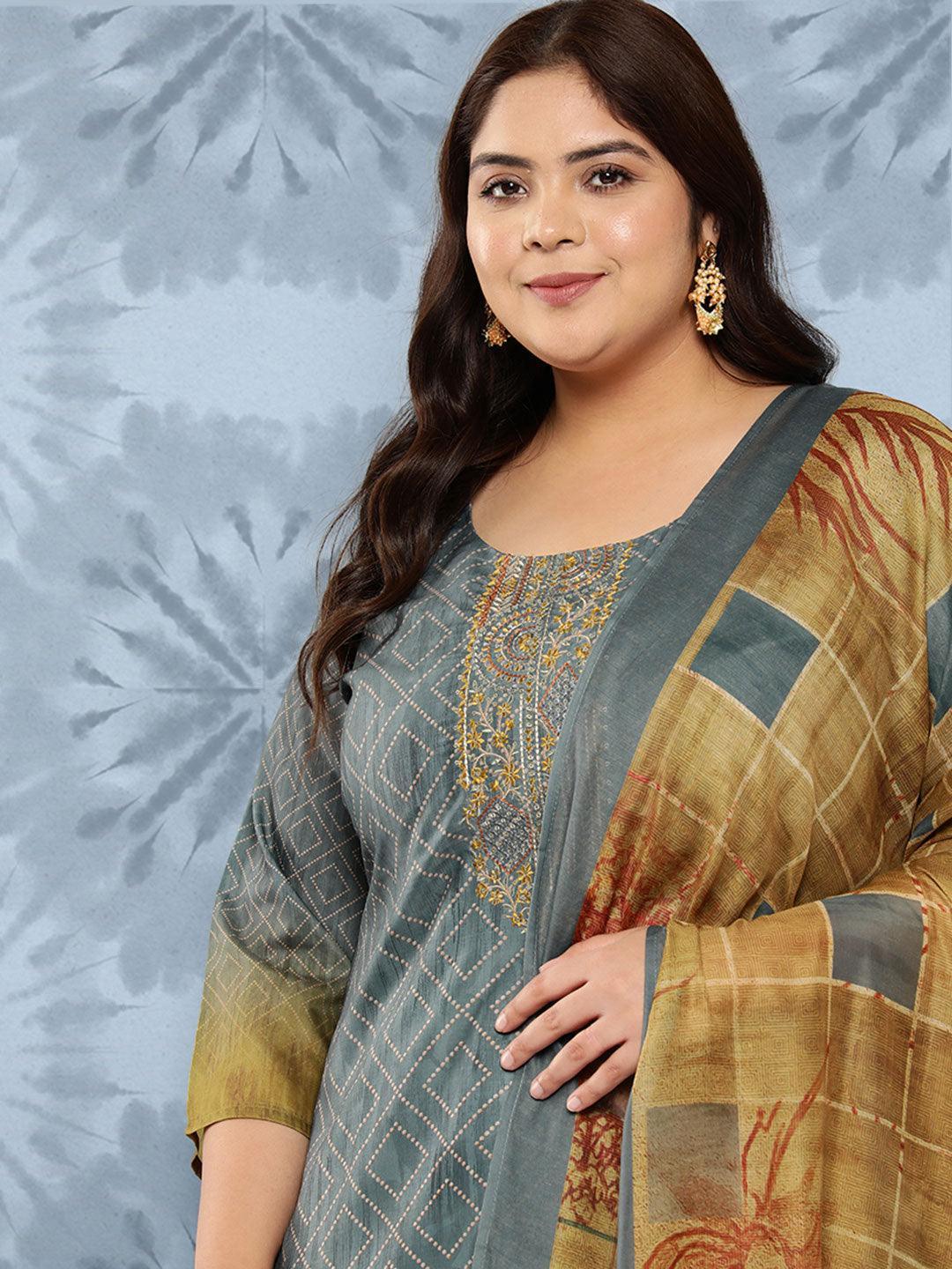 Grey Embroidered Silk Blend Straight Kurta With Trousers and Dupatta - Libas 