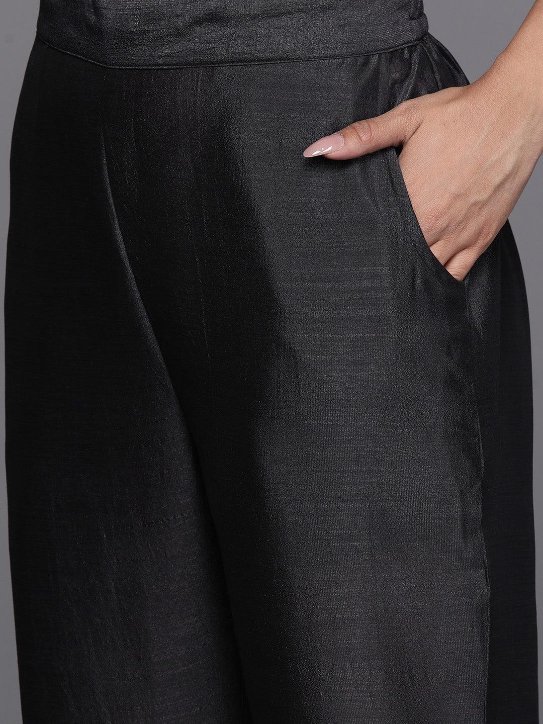 Grey Embroidered Silk Blend Straight Kurta With Trousers & Dupatta - Libas 