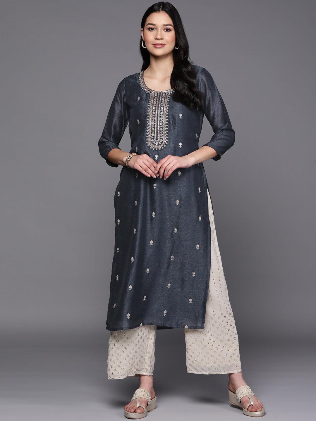Grey Embroidered Silk Straight Kurta - ShopLibas