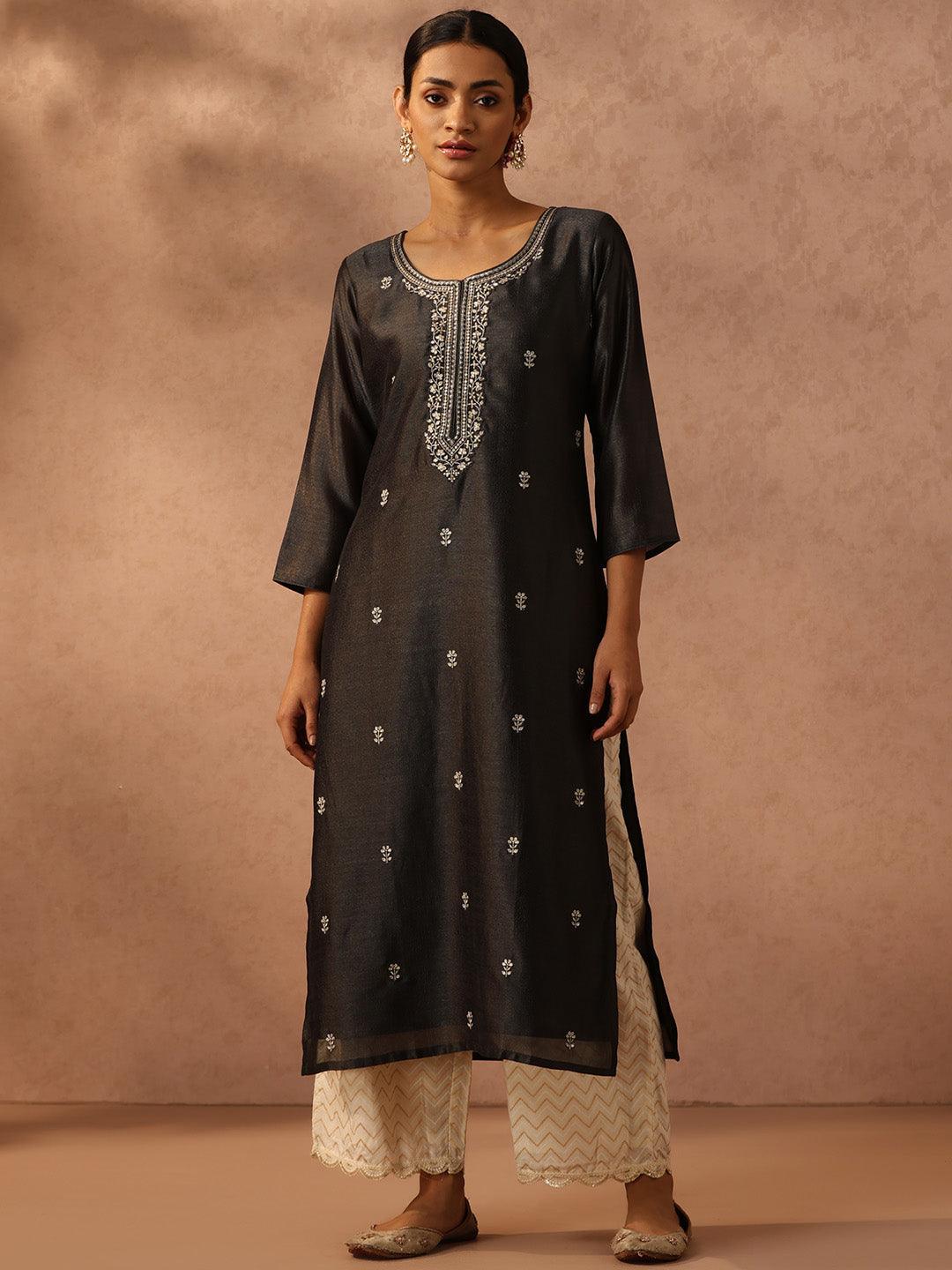 Grey Embroidered Silk Straight Kurta - ShopLibas