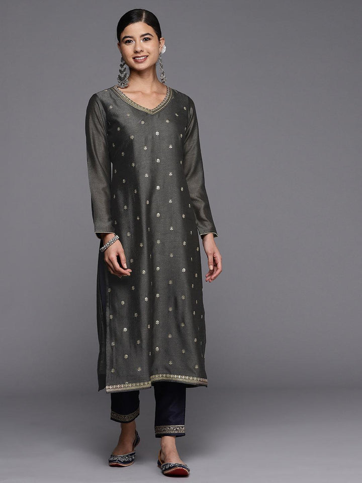 Grey Embroidered Silk Straight Kurta - ShopLibas