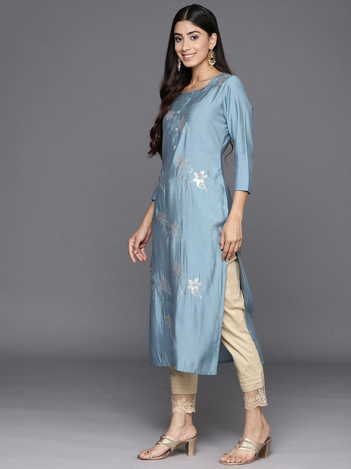 Grey Embroidered Silk Straight Kurta
