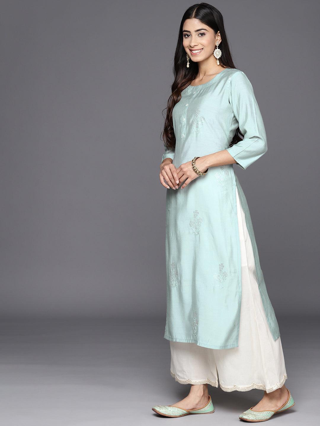 Grey Embroidered Silk Straight Kurta - Libas 