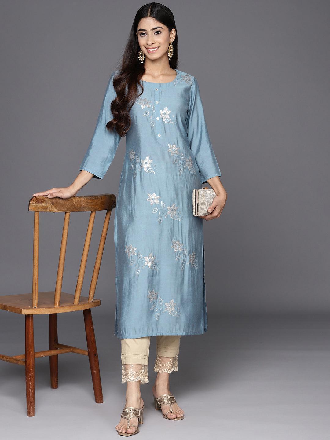 Grey Embroidered Silk Straight Kurta - Libas 