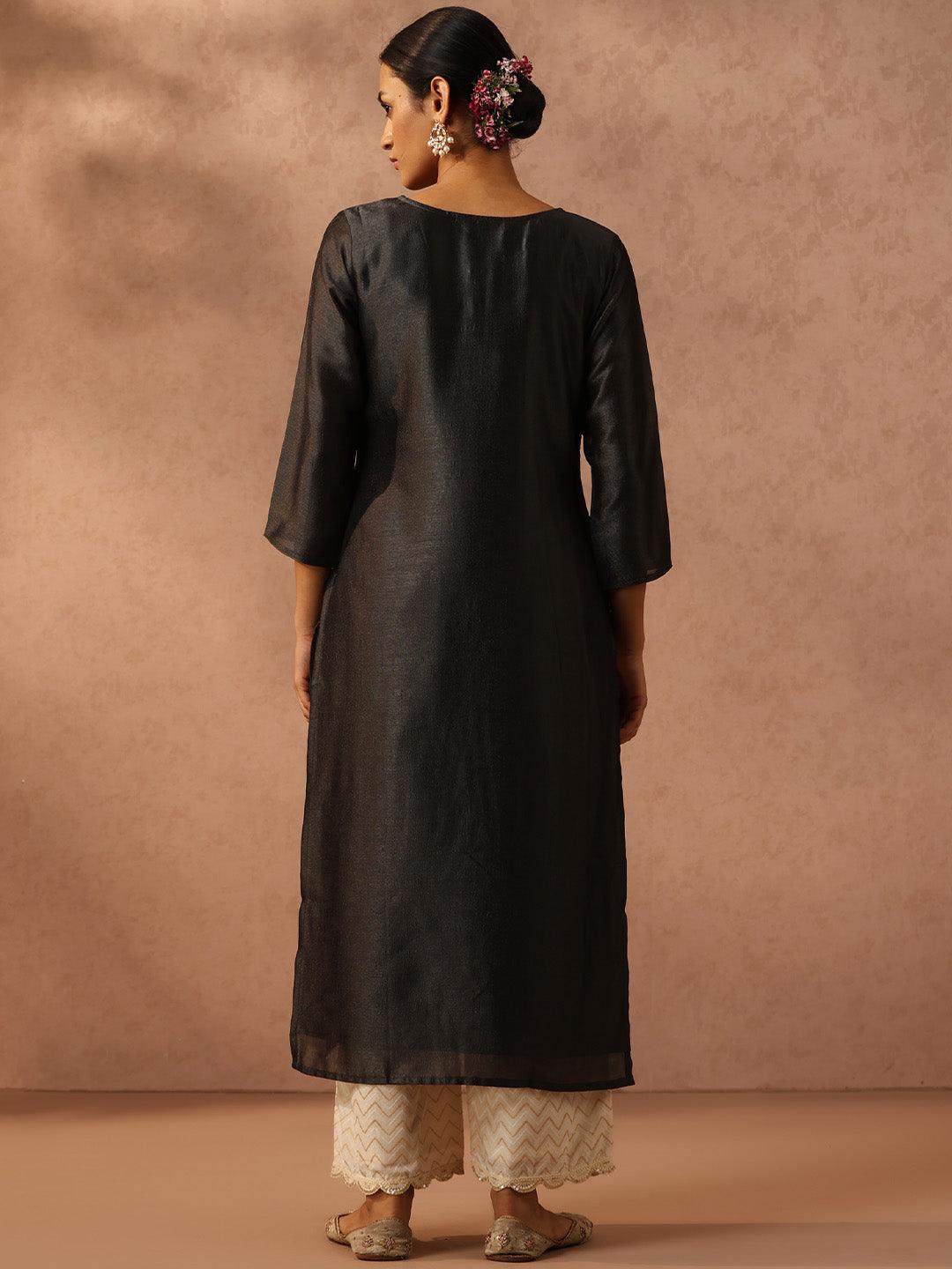 Grey Embroidered Silk Straight Kurta - ShopLibas 