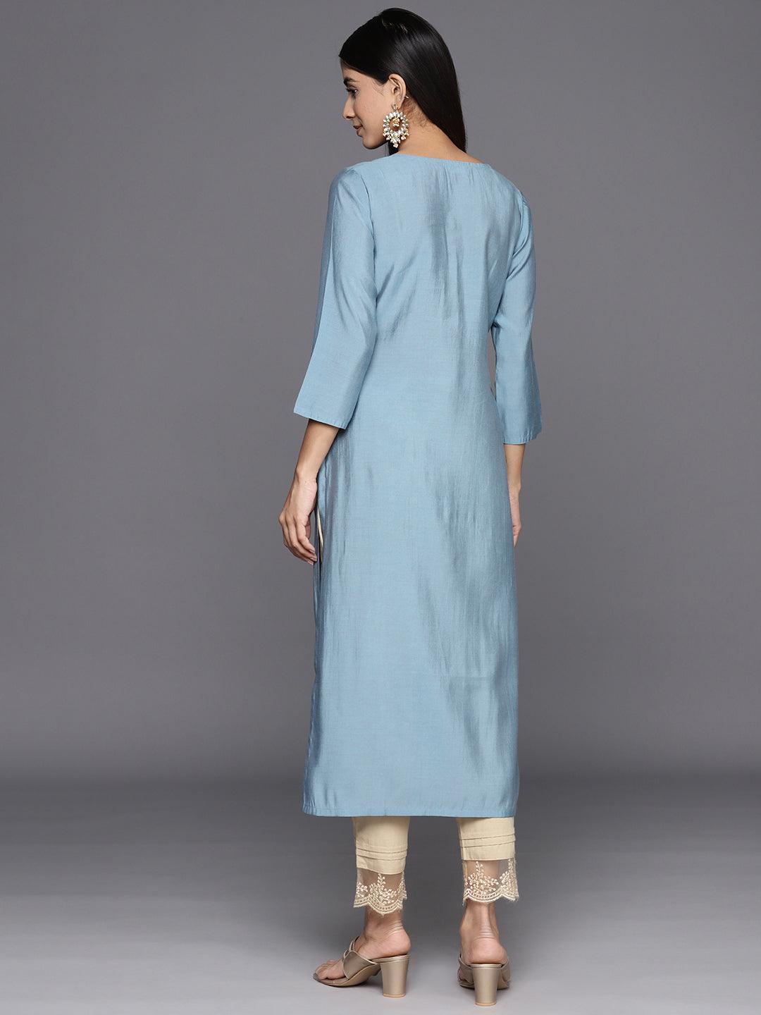 Grey Embroidered Silk Straight Kurta - Libas 