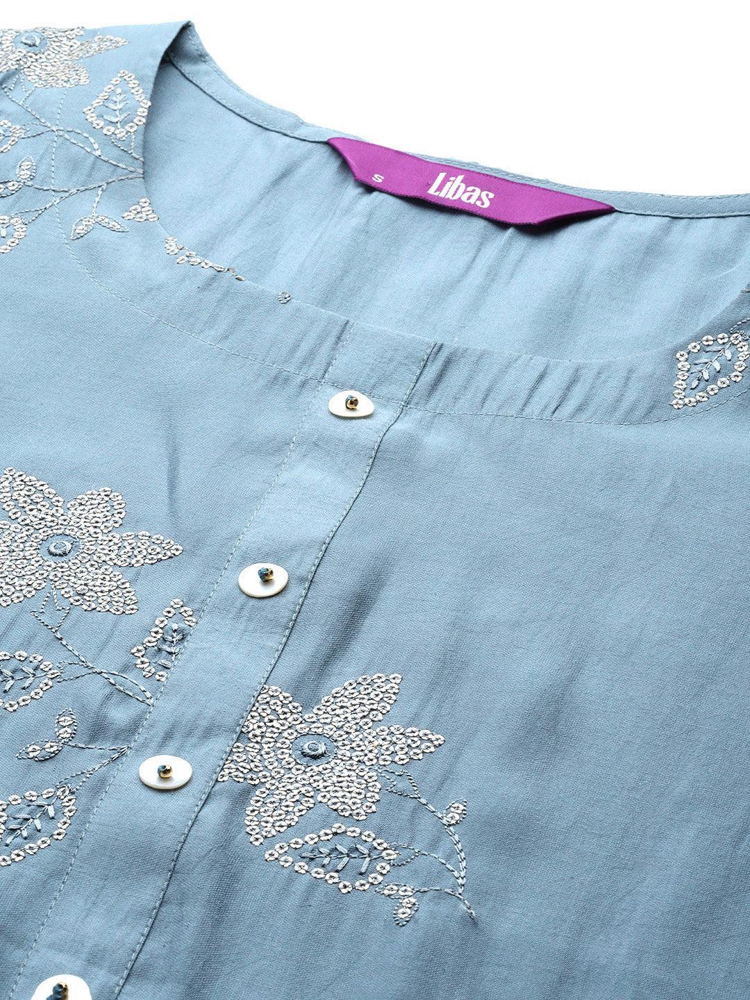 Grey Embroidered Silk Straight Kurta - Libas 