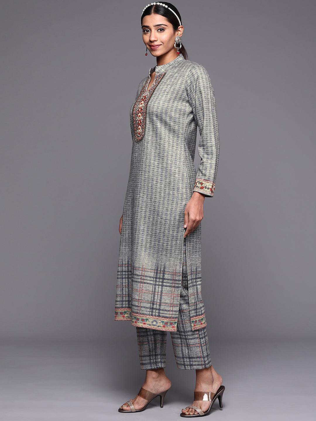 Grey Embroidered Wool Straight Suit Set - ShopLibas 