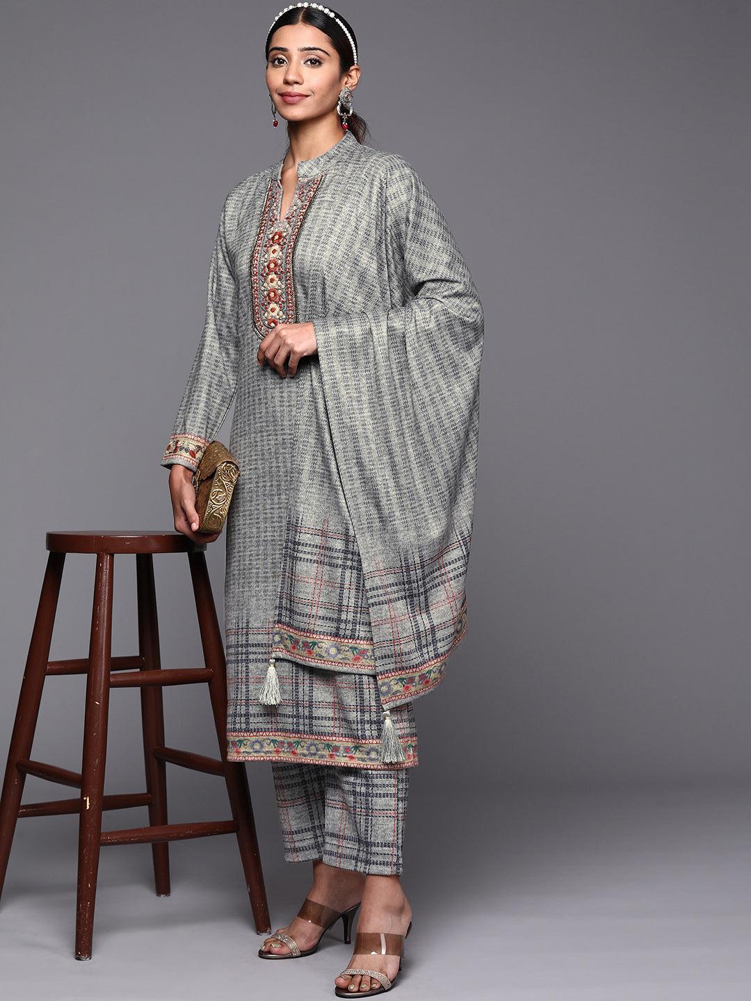 Grey Embroidered Wool Straight Suit Set - ShopLibas 