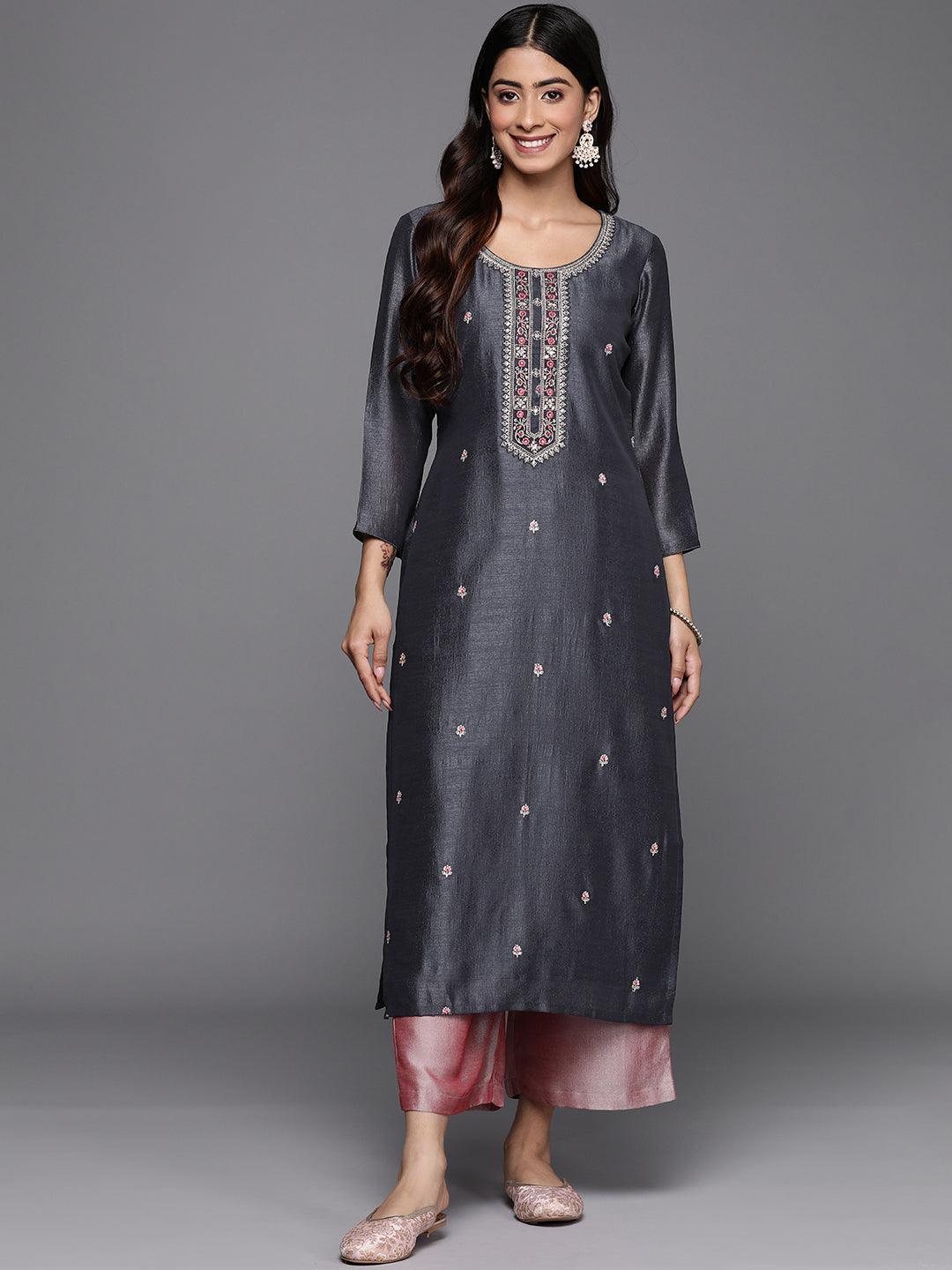 Grey Embellished Silk Straight Kurta - ShopLibas