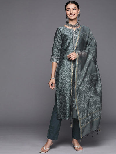 Grey Printed Chanderi Silk Straight Suit Set - ShopLibas