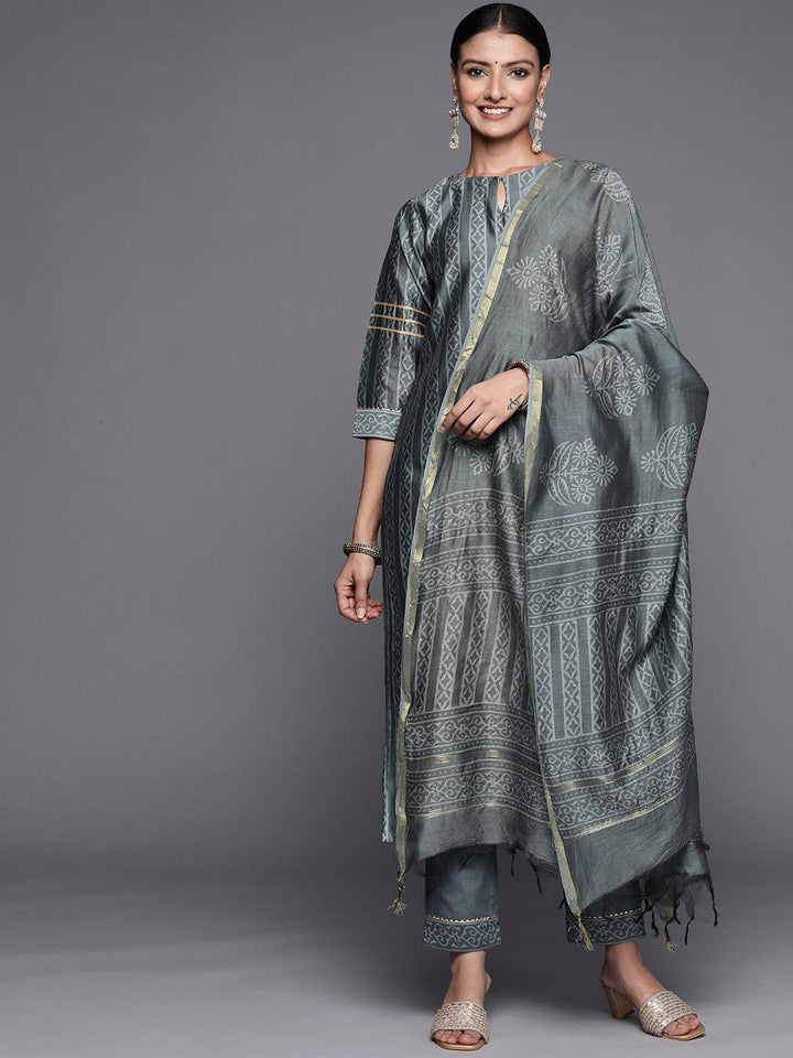 Grey Printed Chanderi Silk Straight Suit Set - ShopLibas