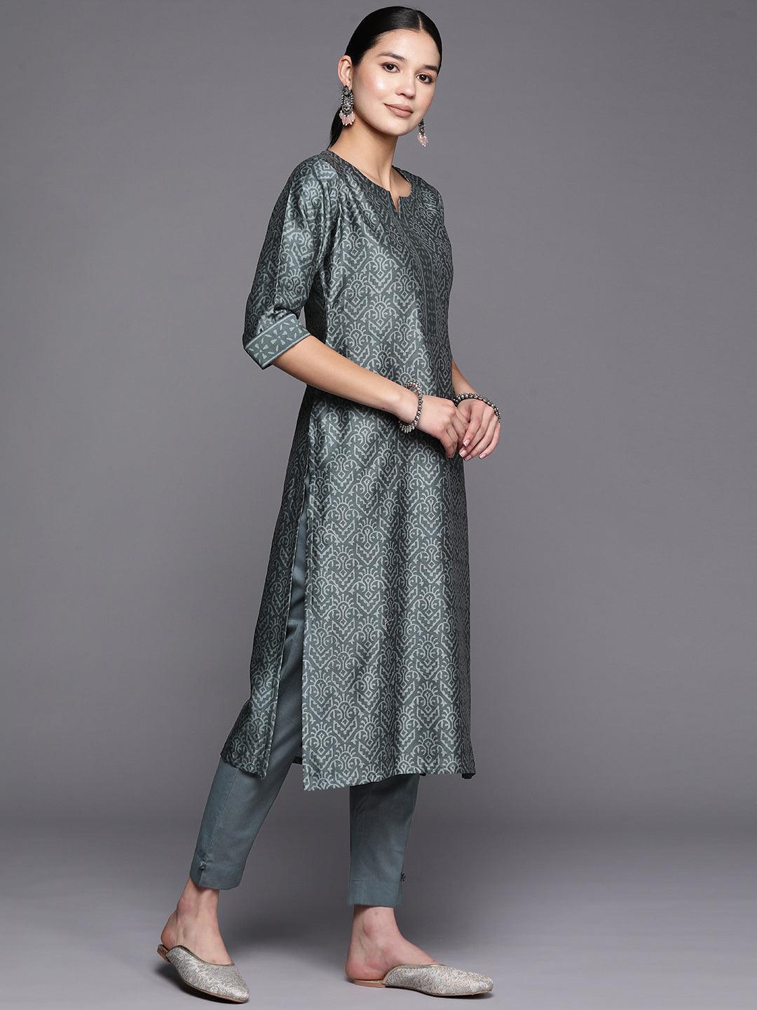 Grey Printed Chanderi Silk Straight Suit Set With Trousers - ShopLibas 