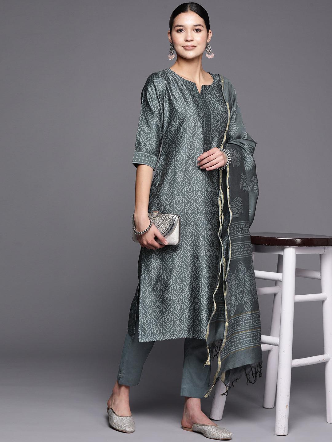 Grey Printed Chanderi Silk Straight Suit Set With Trousers - ShopLibas 