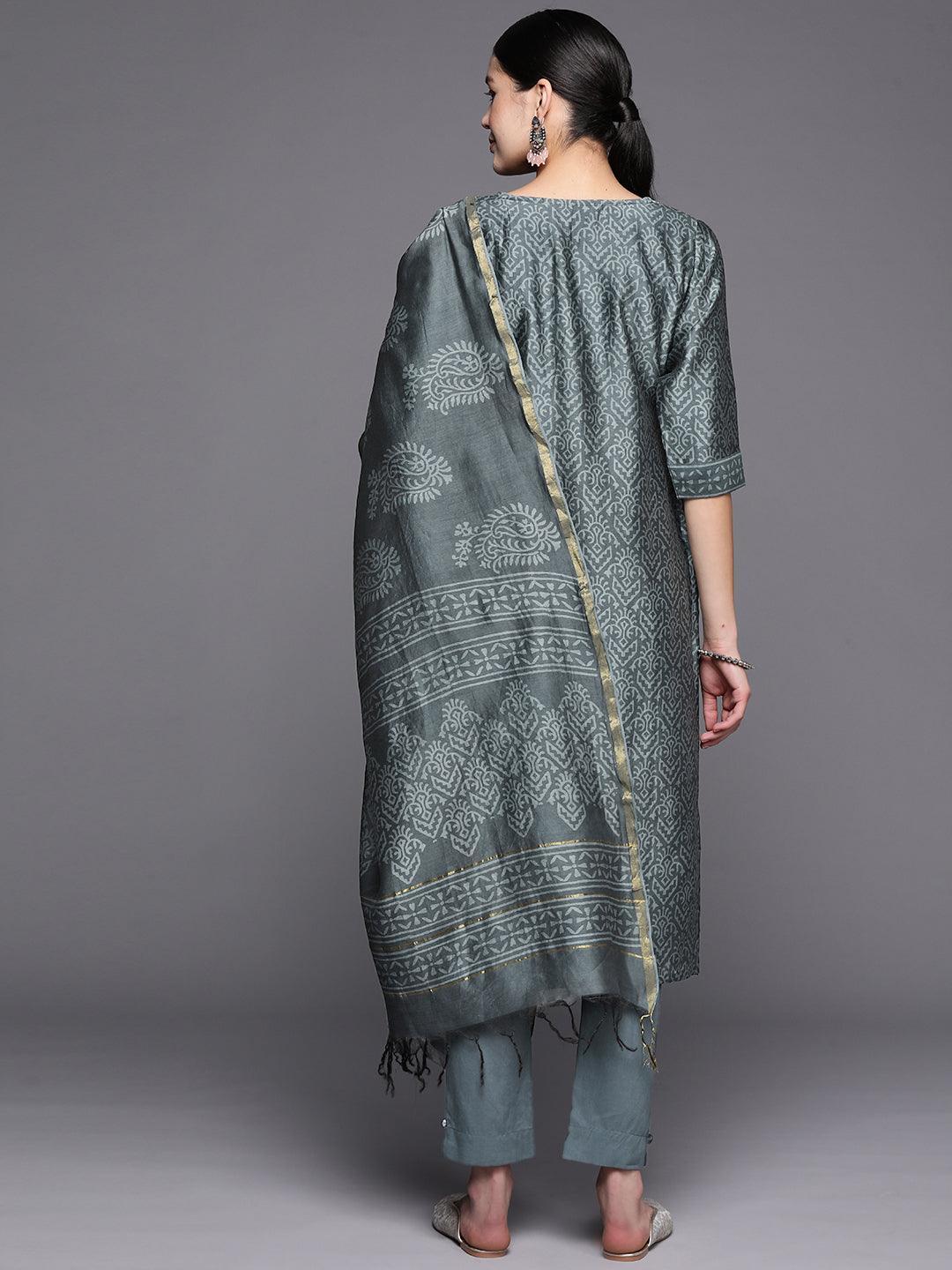 Grey Printed Chanderi Silk Straight Suit Set With Trousers - ShopLibas 
