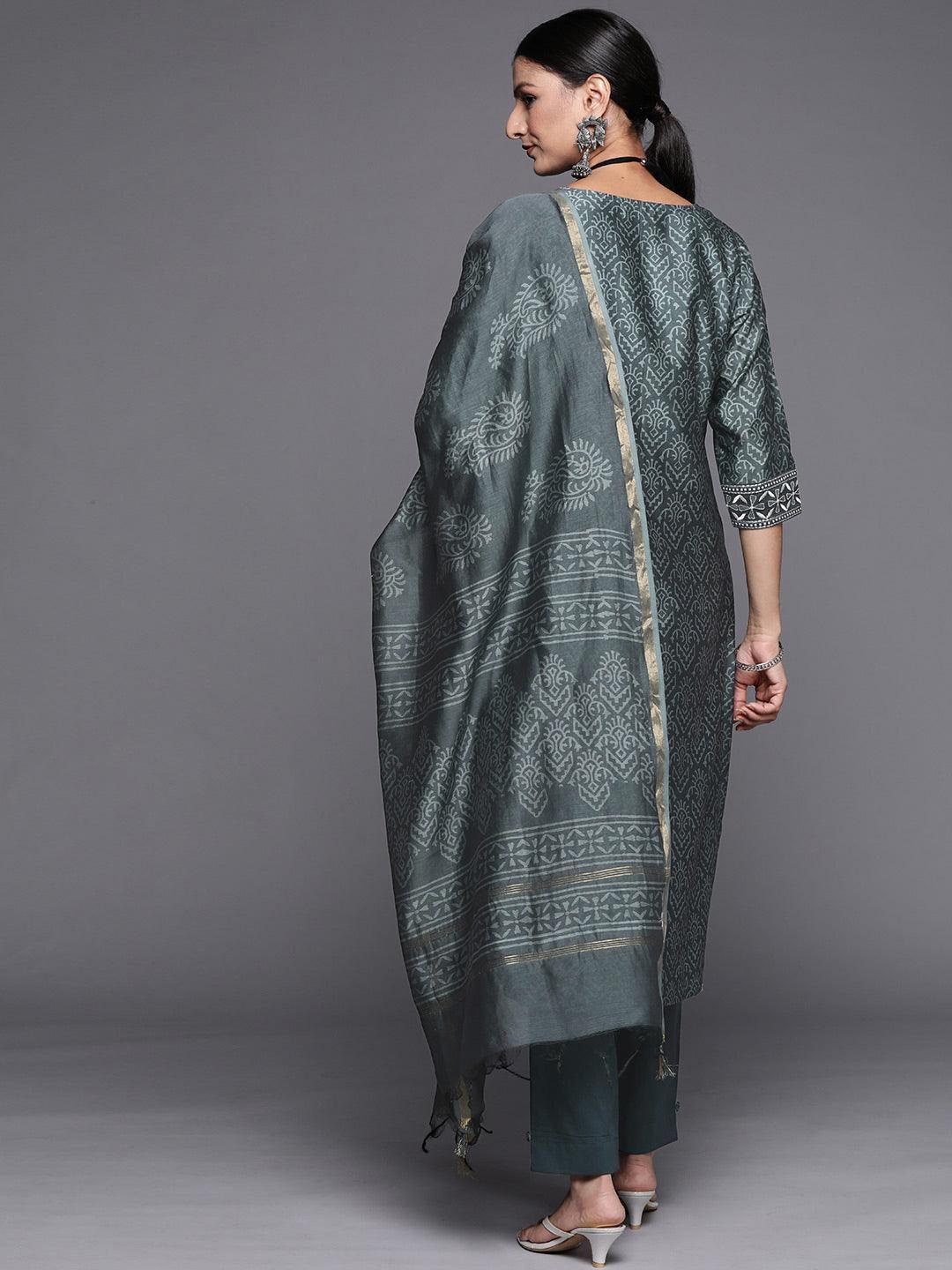 Grey Printed Chanderi Silk Straight Suit Set - ShopLibas 