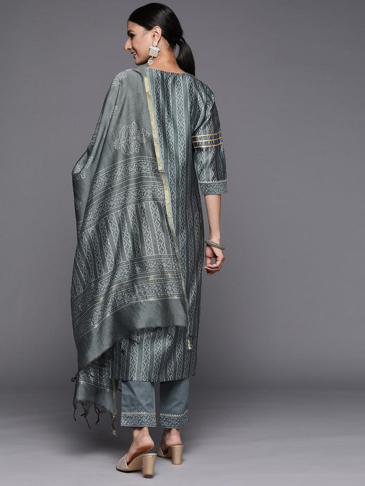Grey Printed Chanderi Silk Straight Suit Set - ShopLibas