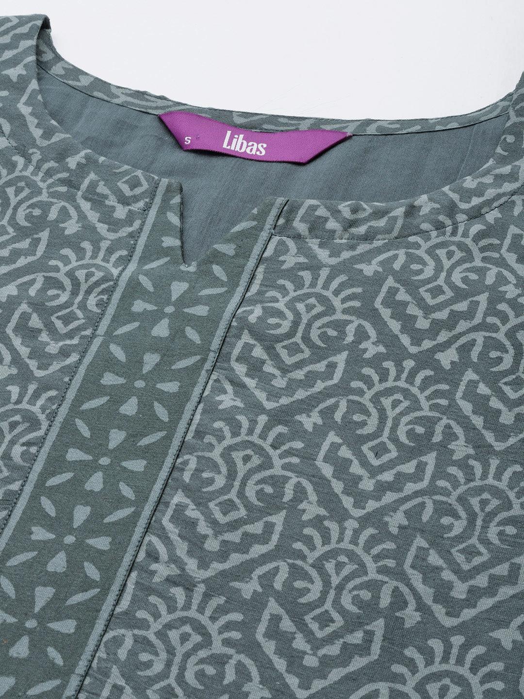 Grey Printed Chanderi Silk Straight Suit Set With Trousers - ShopLibas 