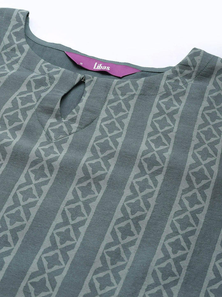 Grey Printed Chanderi Silk Straight Suit Set - ShopLibas